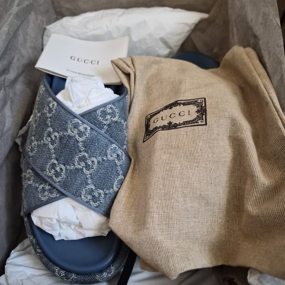 Gucci Denim Blue Patterned Slides - Picture 6 of 7